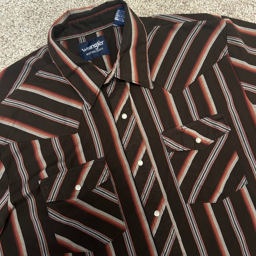 Wrangler Western Shirt Mens Large Brown Striped Pearl Snap Short Sleeve Cowboy